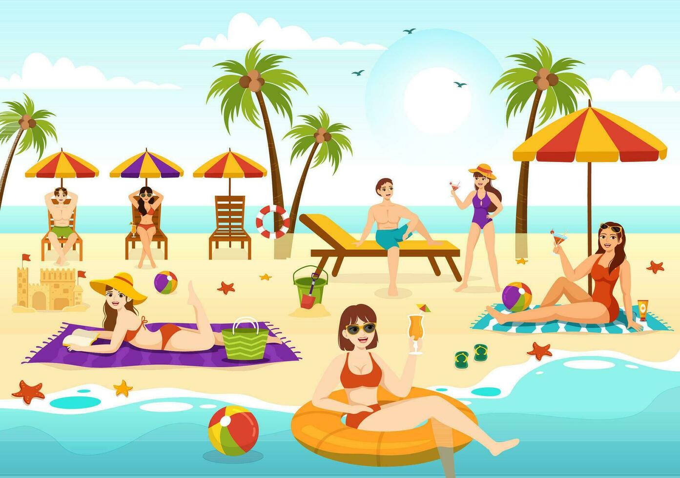 broncearse vector ilustración de personas acostado en coche postal salón y relajante en playa verano Días festivos en plano dibujos animados mano dibujado plantillas