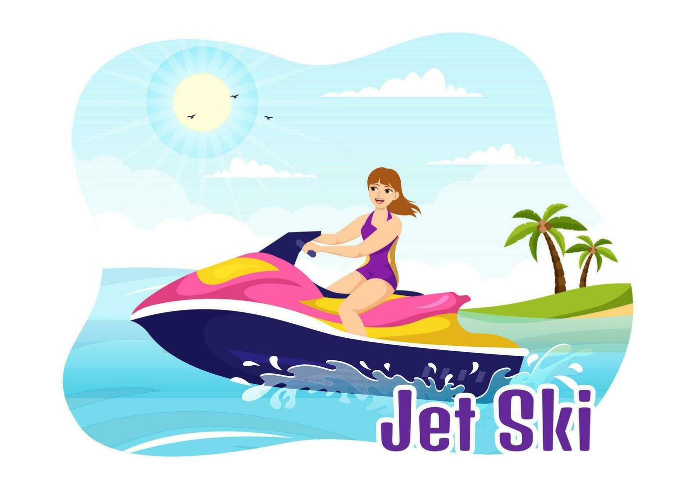 People Ride Jet Ski Vector Illustration Summer Vacation Recreation, Extreme Water Sports and Resort Beach Activity in Hand Drawn Flat Cartoon Template