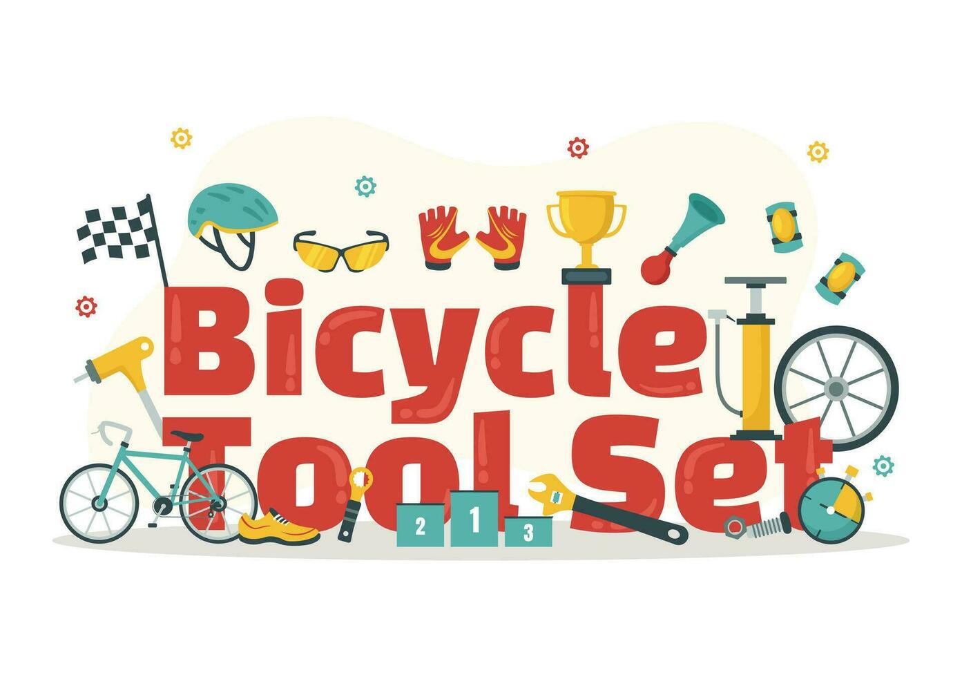 Cycling and Bicycle Tool Set Vector Illustration of a Mechanic Repairing Bicycles in a Workshop with Spare Parts in Flat Cartoon Hand Drawn Template