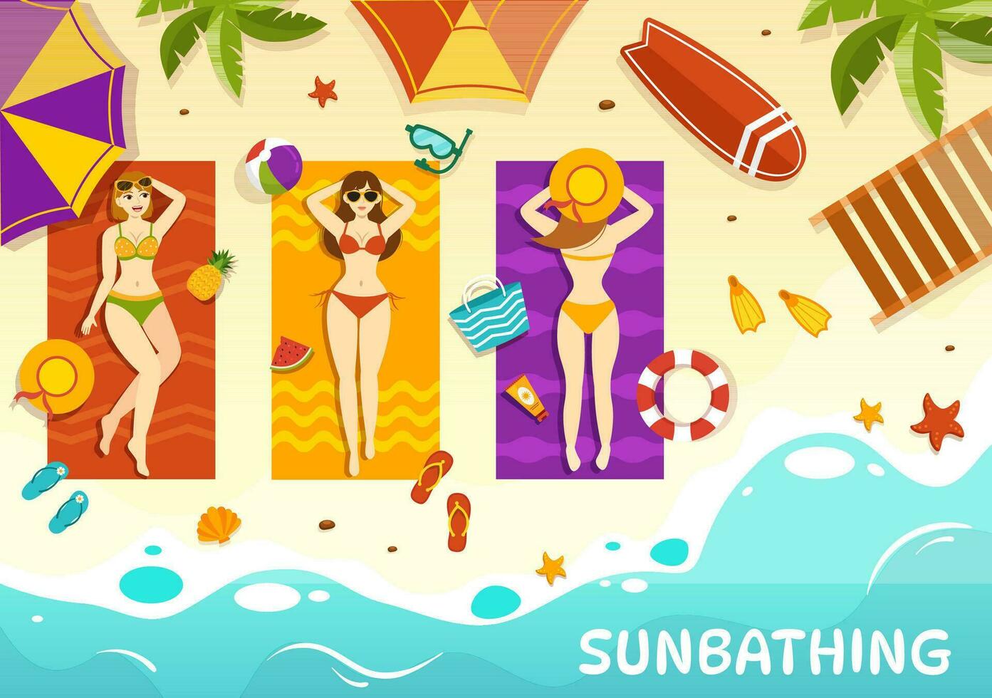 Sunbathing Vector Illustration of People Lying on Chaise Lounge and Relaxing on Beach Summer Holidays in  Flat Cartoon Hand Drawn Templates