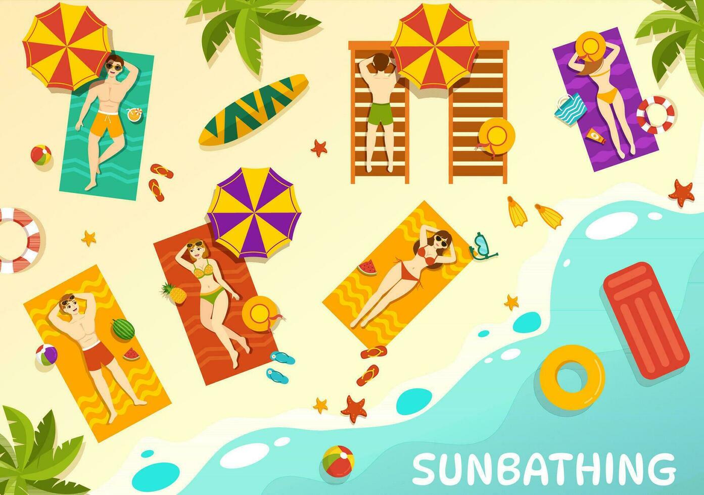 Sunbathing Vector Illustration of People Lying on Chaise Lounge and Relaxing on Beach Summer Holidays in  Flat Cartoon Hand Drawn Templates