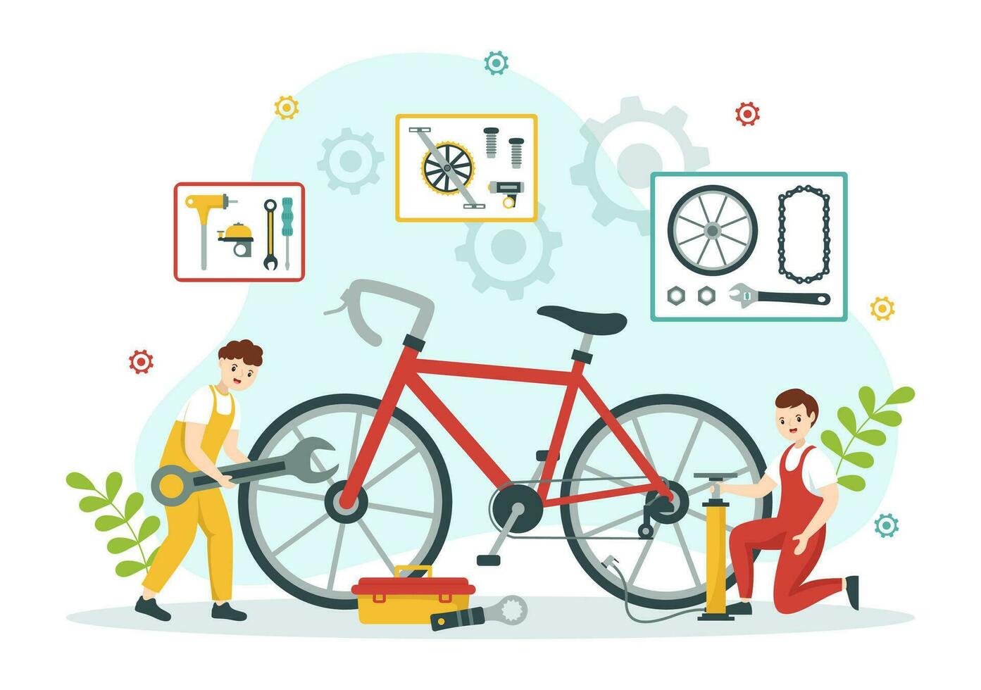 Cycling and Bicycle Tool Set Vector Illustration of a Mechanic Repairing Bicycles in a Workshop with Spare Parts in Flat Cartoon Hand Drawn Template