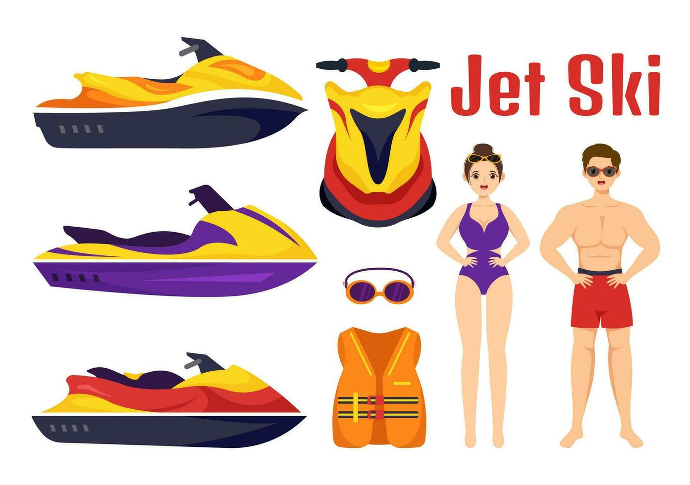 People Ride Jet Ski Vector Illustration Summer Vacation Recreation, Extreme Water Sports and Resort Beach Activity in Hand Drawn Flat Cartoon Template