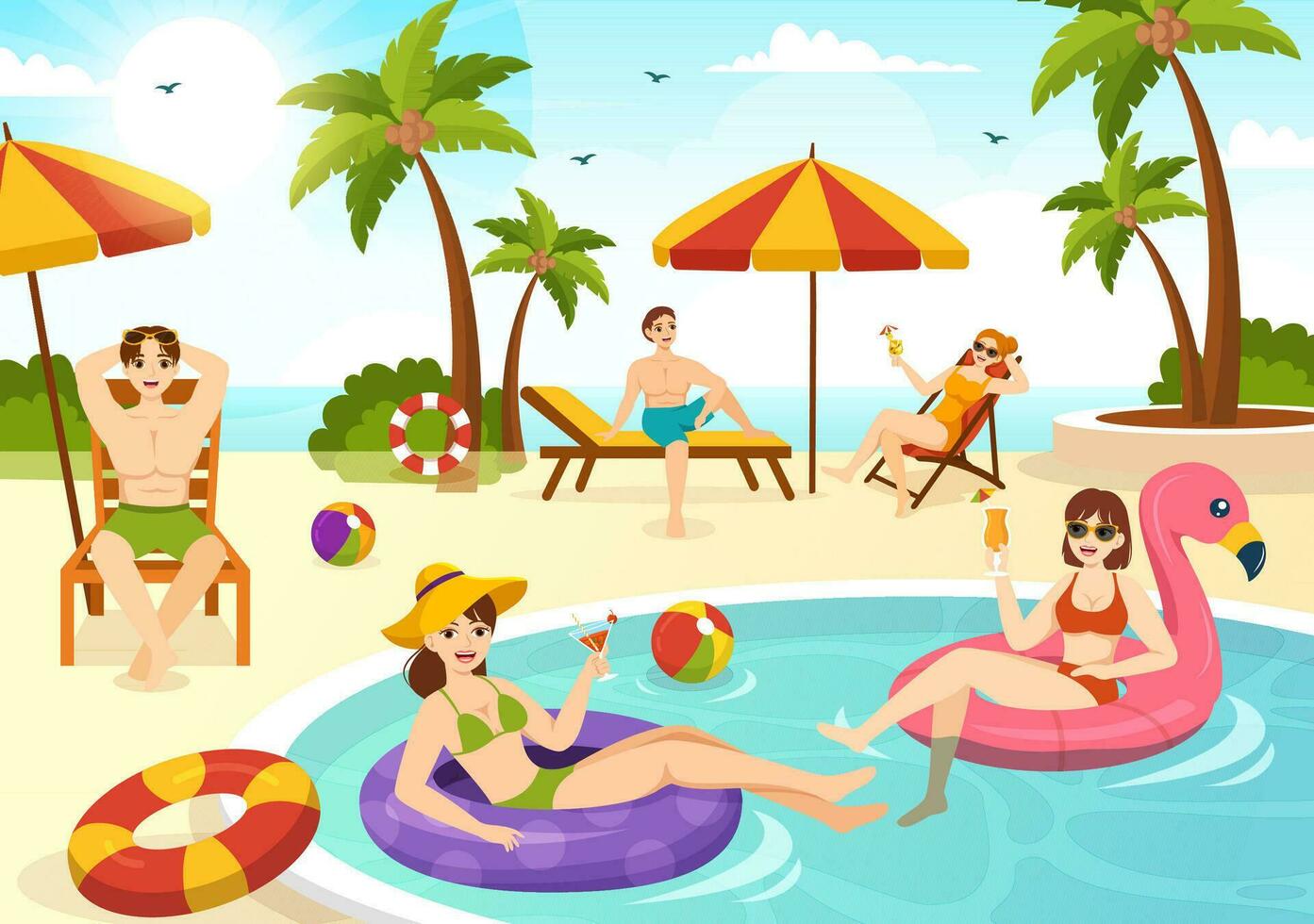 Sunbathing Vector Illustration of People Lying on Chaise Lounge and Relaxing on Beach Summer Holidays in  Flat Cartoon Hand Drawn Templates