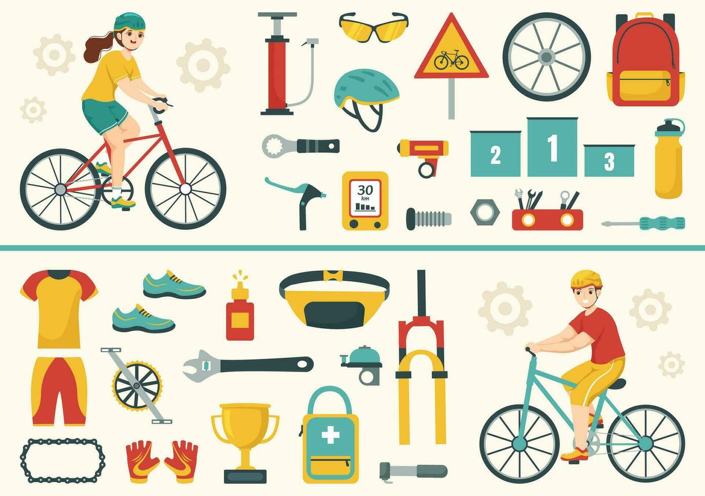 Cycling and Bicycle Tool Set Vector Illustration of a Mechanic Repairing Bicycles in a Workshop with Spare Parts in Flat Cartoon Hand Drawn Template
