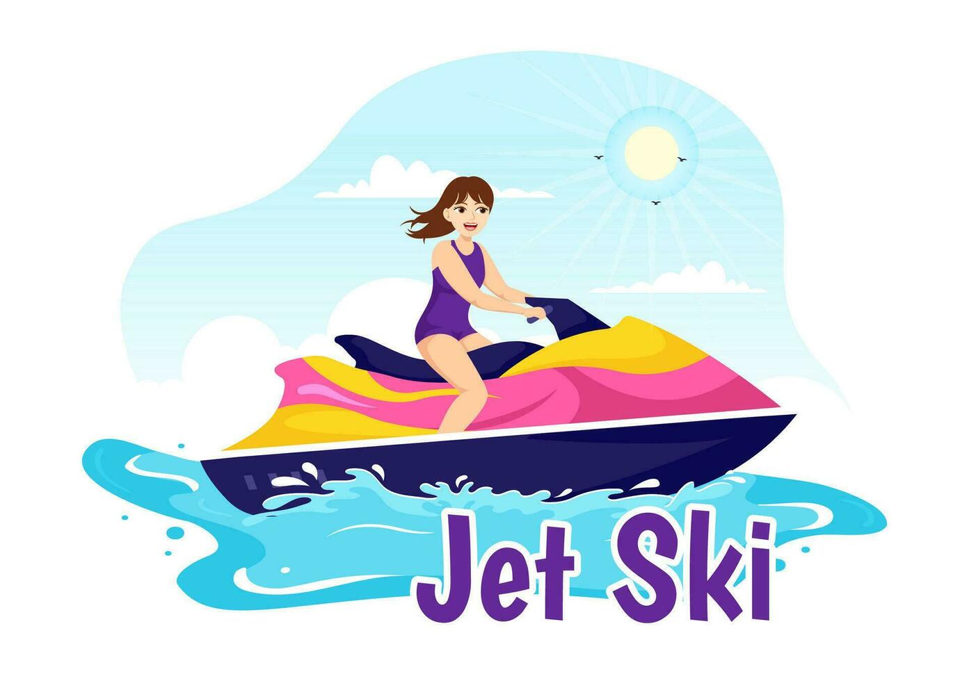 People Ride Jet Ski Vector Illustration Summer Vacation Recreation, Extreme Water Sports and Resort Beach Activity in Hand Drawn Flat Cartoon Template
