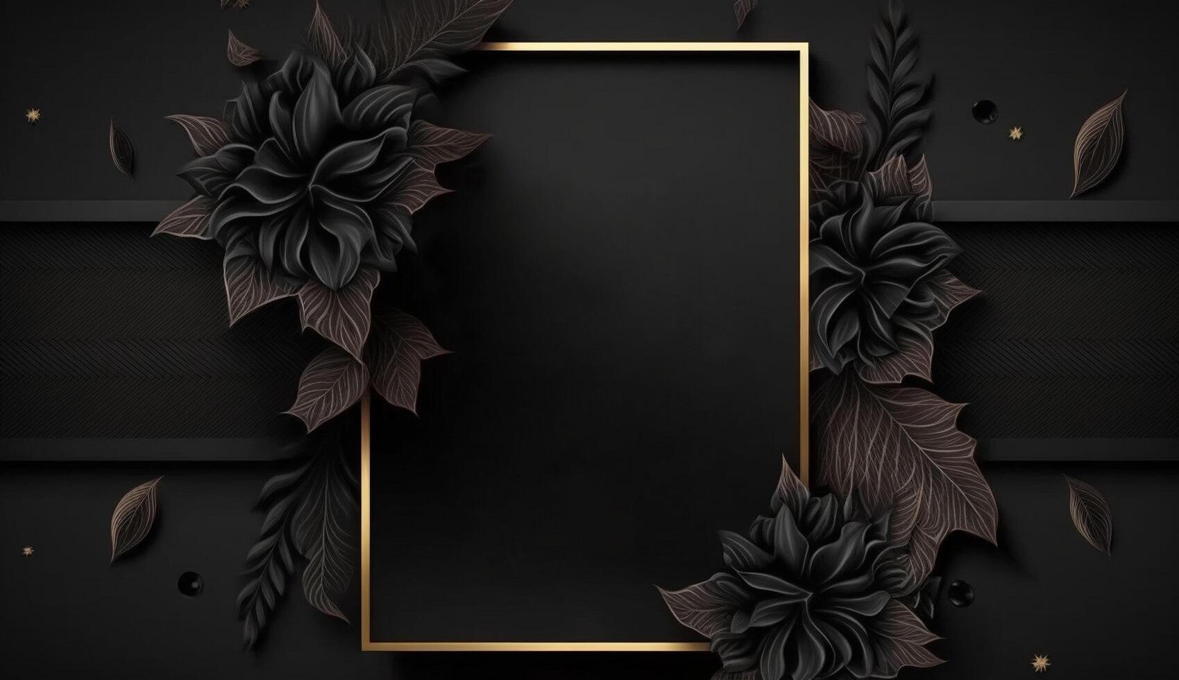 rectangle golden frame on black background with empty space and flower photo