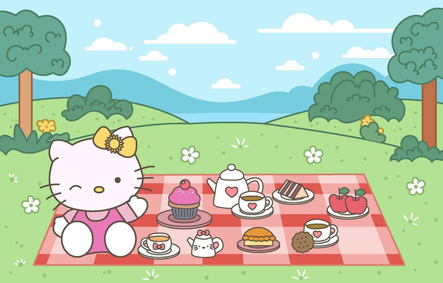 adorable gatito tener un picnic en colina antecedentes vector