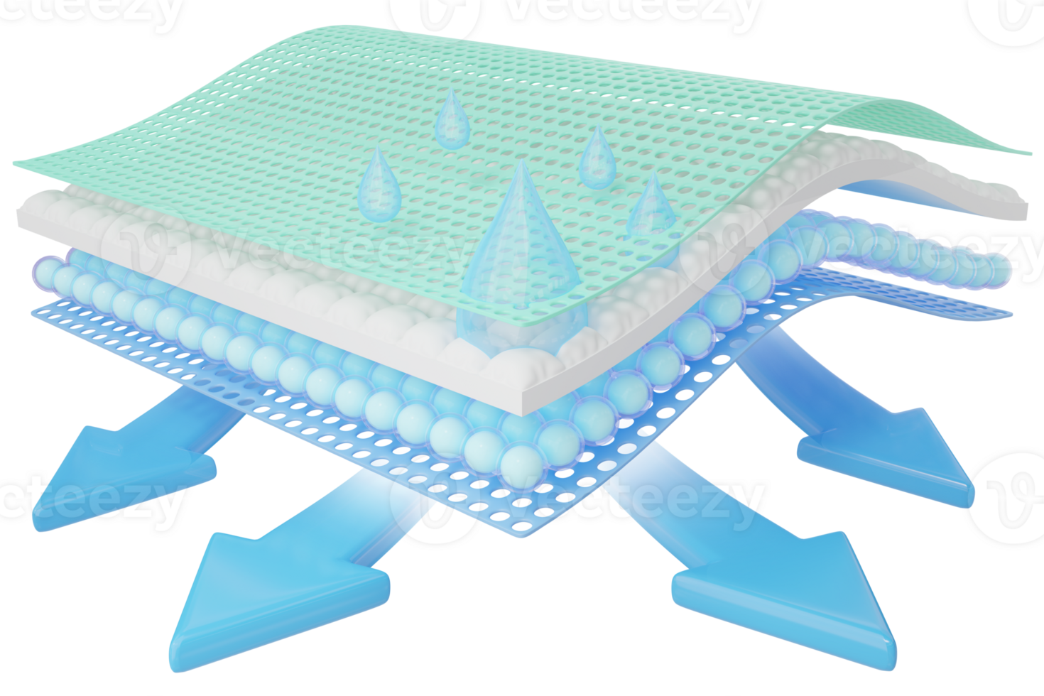 3D Blue water drop fall onto absorbent pad. Ventilation arrow. moisture absorbing fiber cloth sheets with 4 sections. Odor materials for baby, adult diapers, sanitary pad advertising. 3d render. png