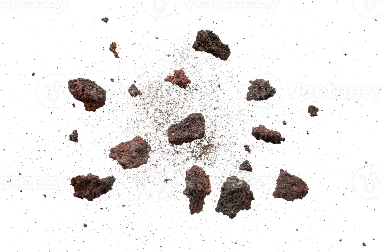 Rock explosion with dust particle. Abstract blast isolated png