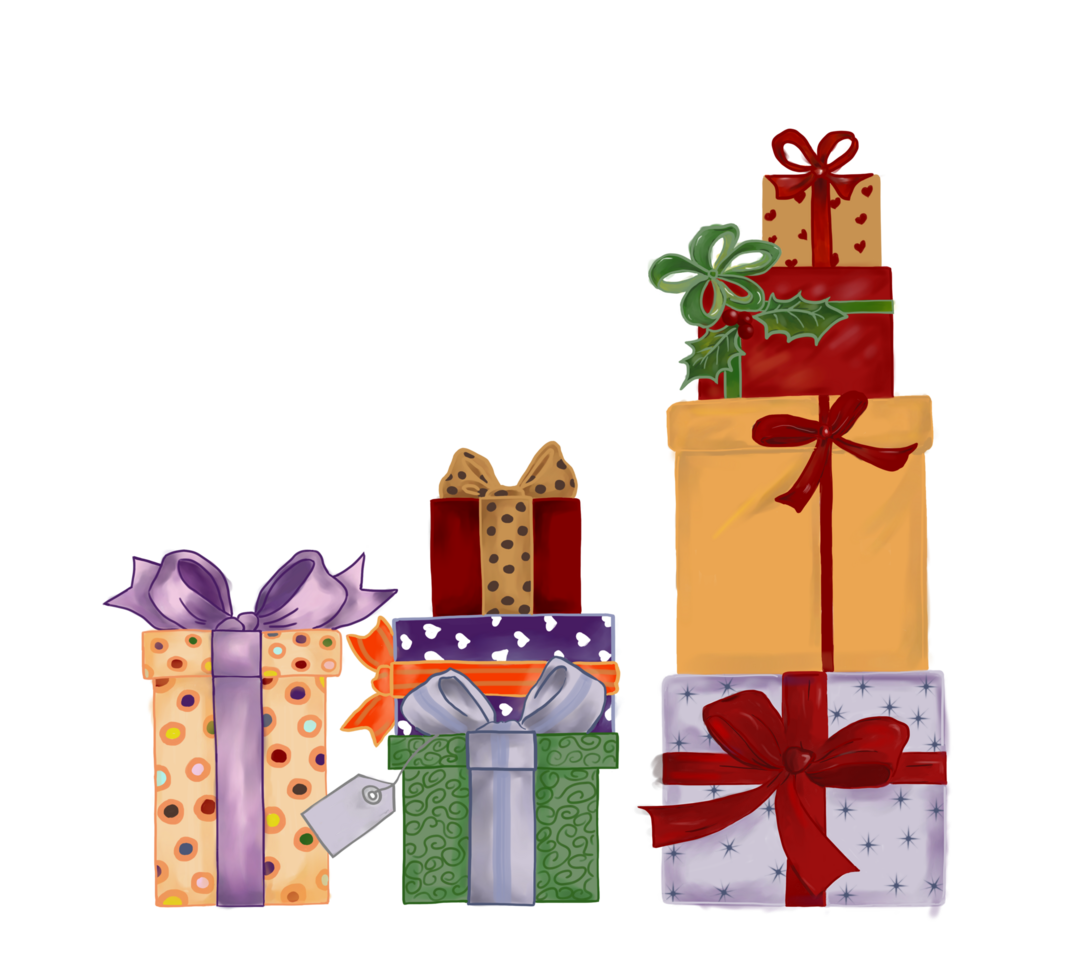 Hand draw and paint wrapped gift boxes with colorful, various pattern and ribbons. Design elements white isolated. png