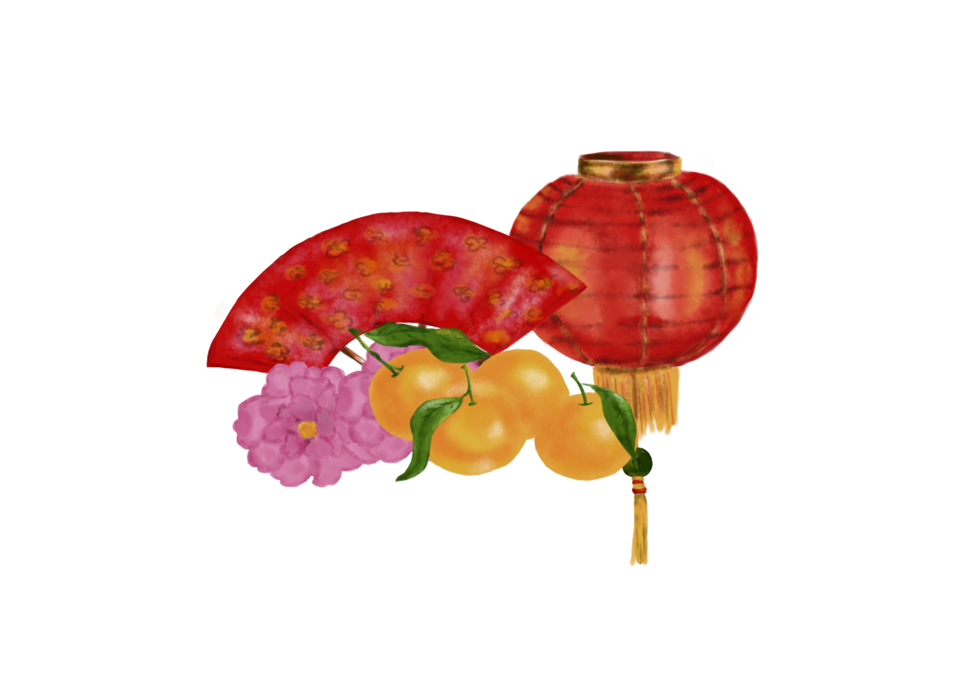 Happy Chinese new year accessories, lantern, paper fan, 4 lucky oranges and Peonies flower. Digital art, white isolate image. png