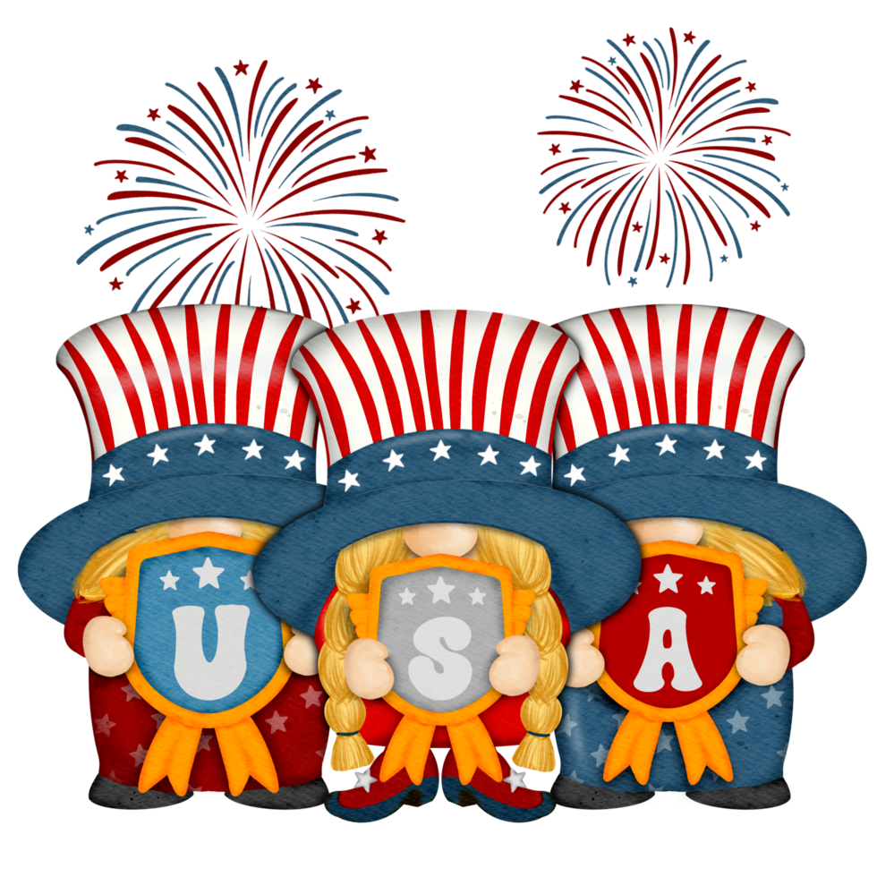 Group of three cute Gnomes with Firework independence day Digital painting watercolor png