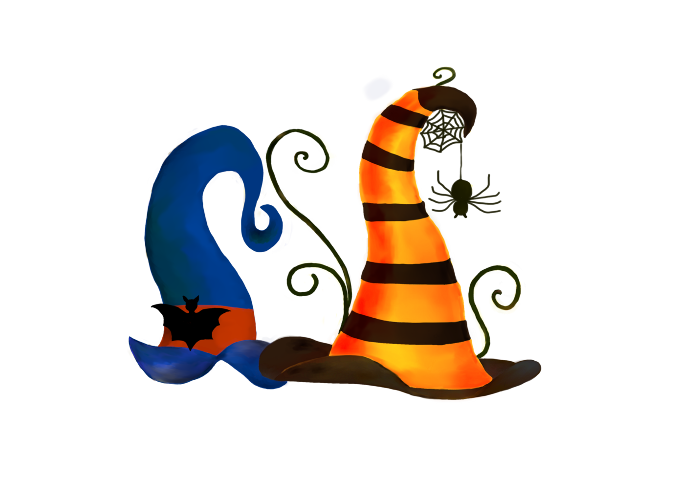 Digital hand painting Halloween witch hats, bright colorful design with isolated background. png