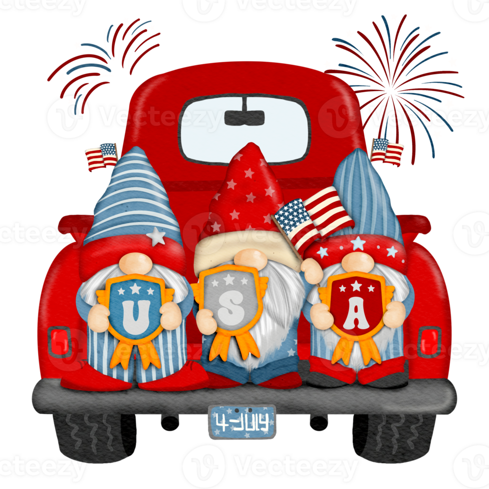 Group of three cute Gnomes with Truck independence day Digital painting watercolor png