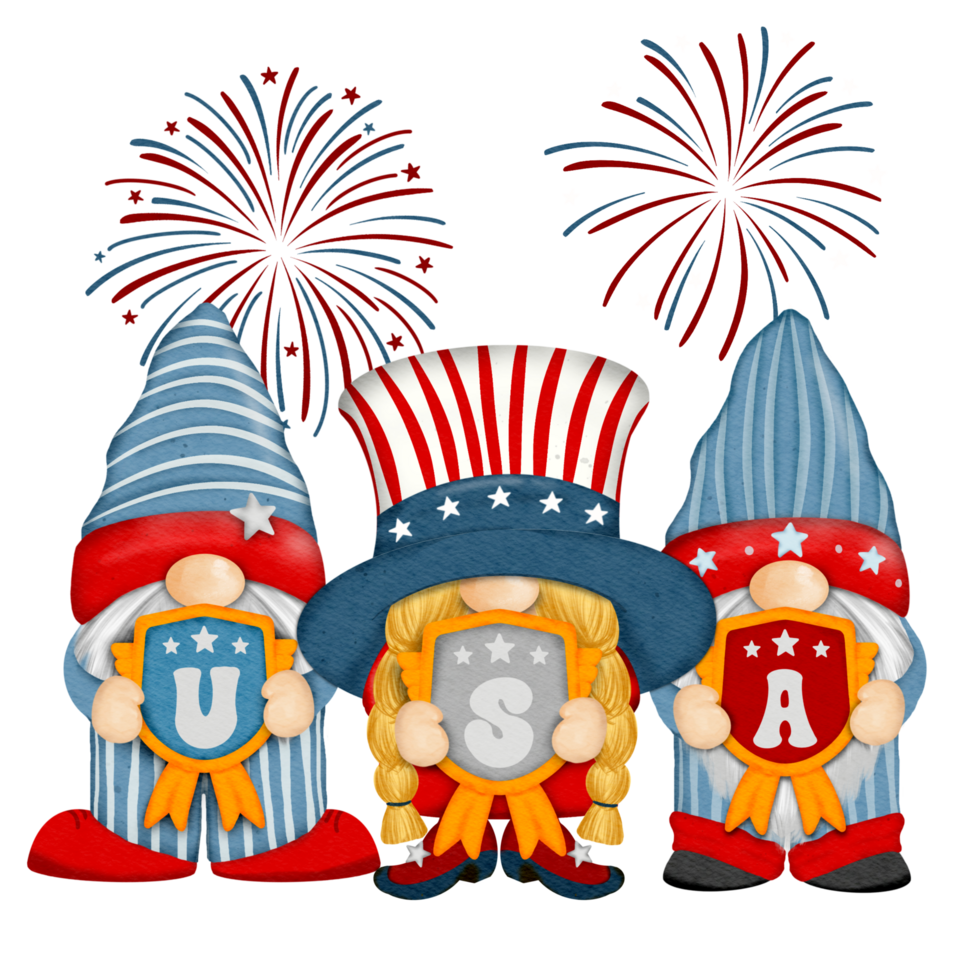 Group of three cute Gnomes with Firework independence day Digital painting watercolor png