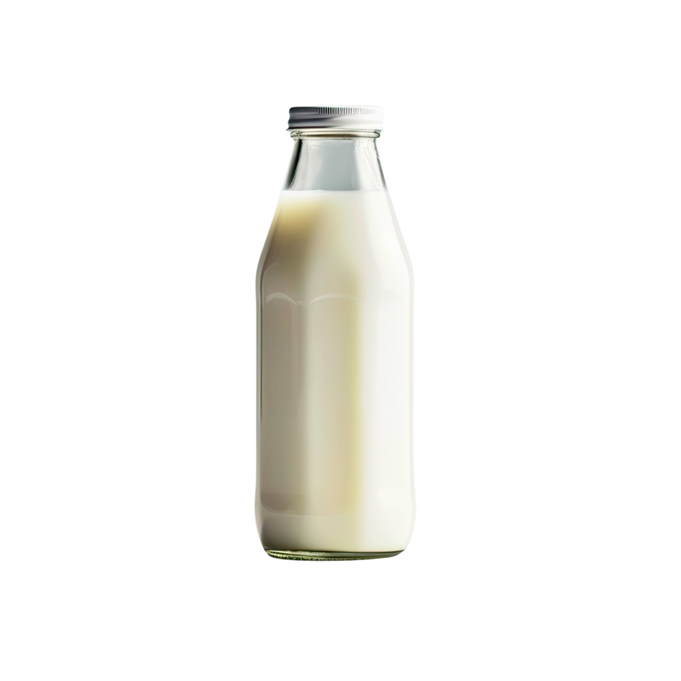 Single bottle of fresh milk isolated, clipping-path included, vertical position, closeup. png