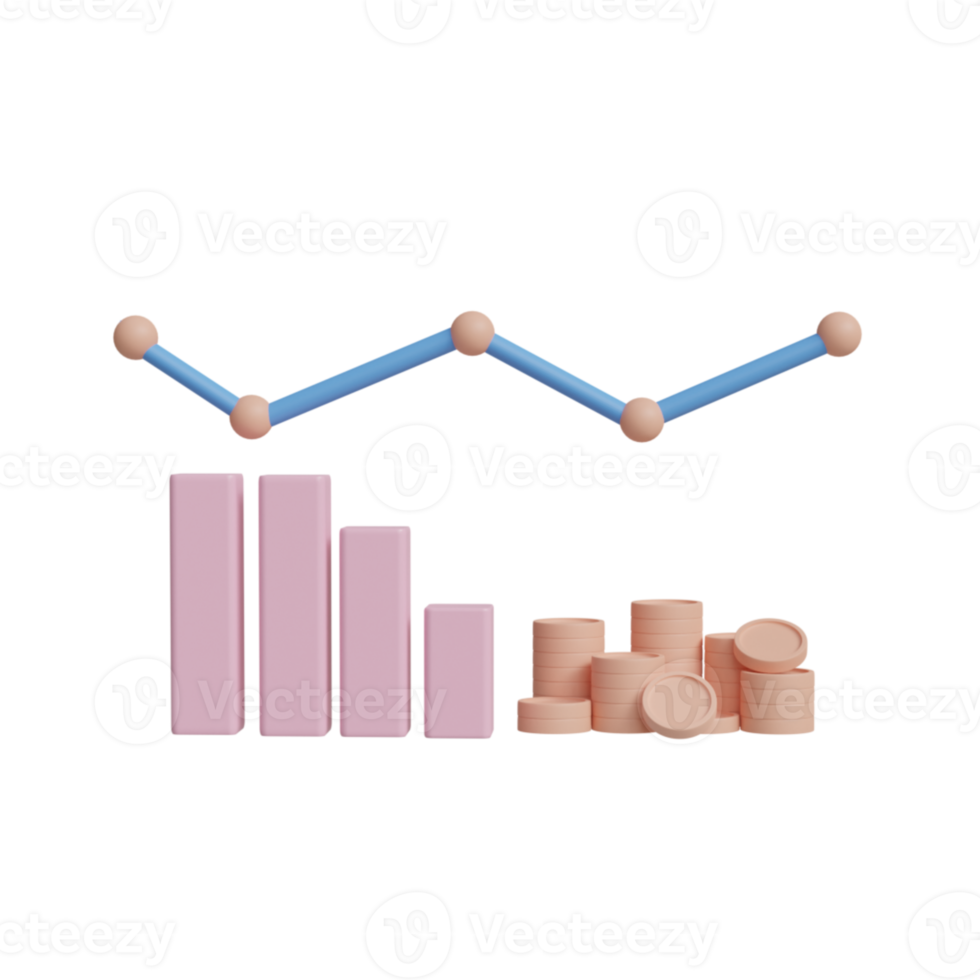 Coins and bars graph concept showing finance, investment, business, stock rise and fall. 3D rendering png