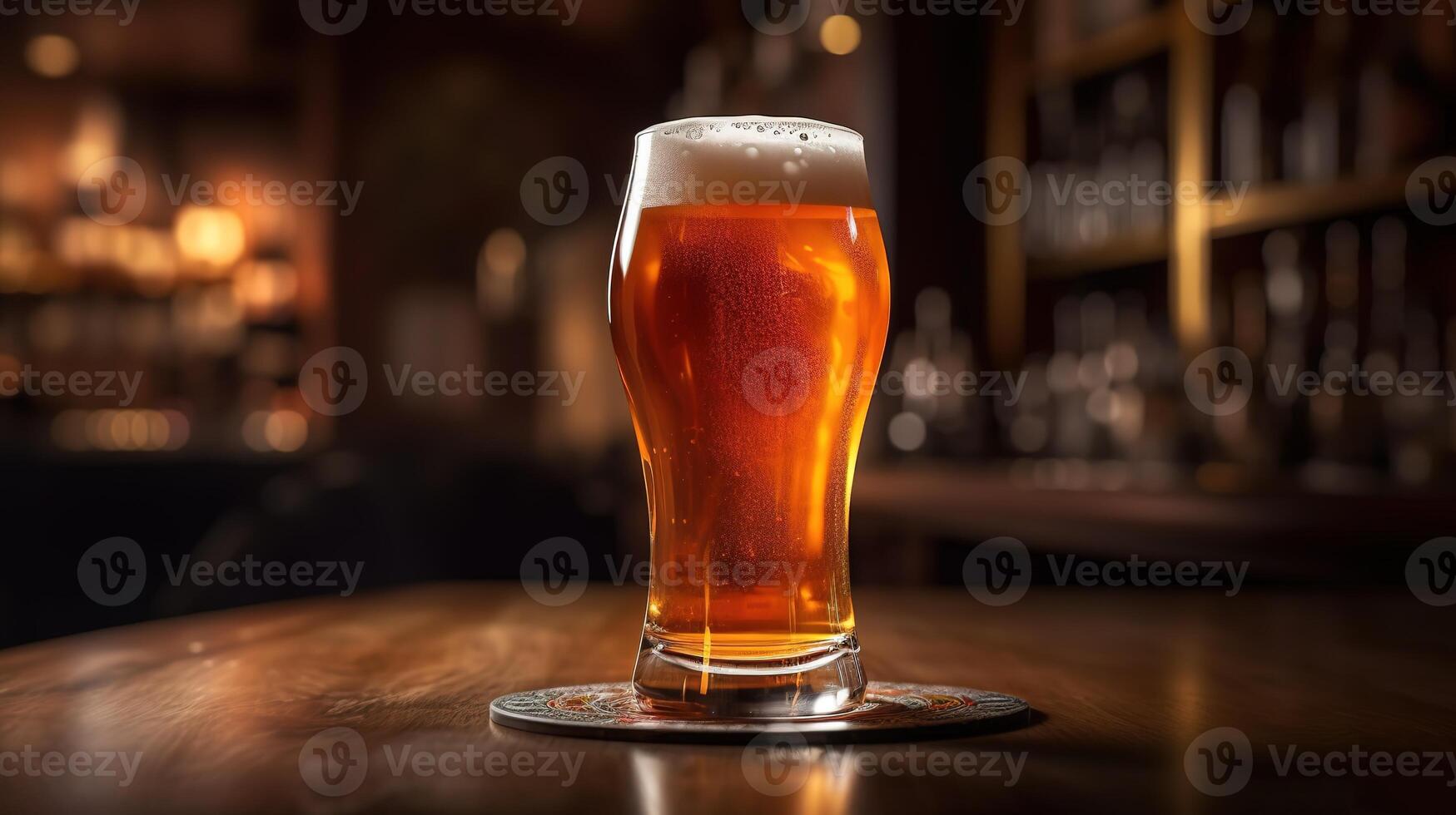 a glass of light beer with foam on a stand in a bar, defocused background. photo