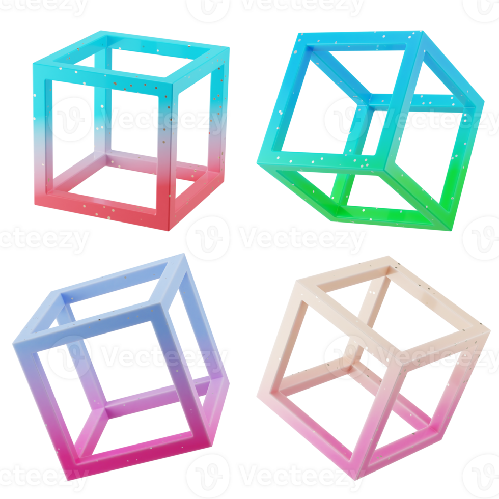 A collection set of floating 3d forms wireframe cube shapes with modern colorful candy gradient isolated png