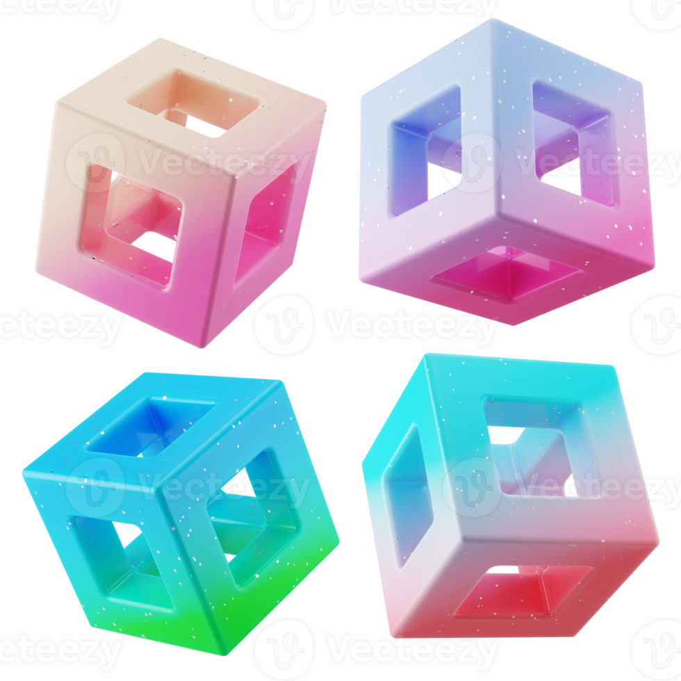 A set collection of floating 3d abstract shapes thick wireframe cube in colorful modern candy color gradient isolated png