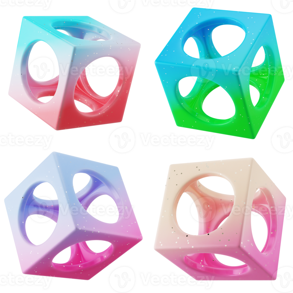 A set collection digital art of 3d abstract shapes cube with hole in colorful modern candy gradient isolated png