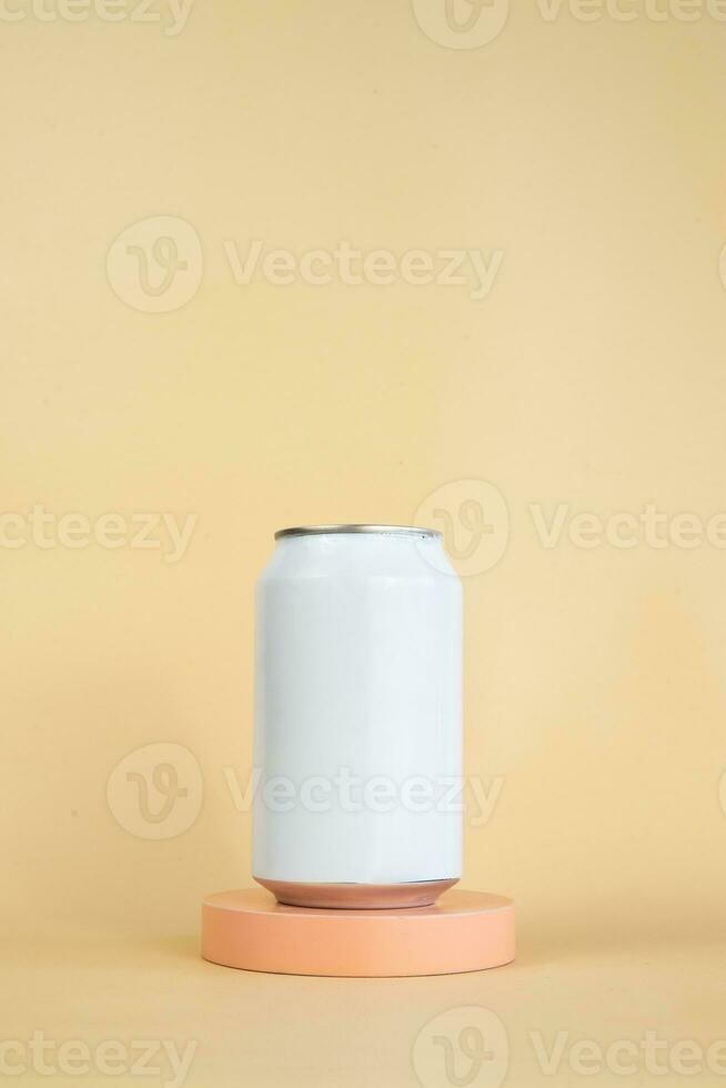 Canned beverage mockups on podium. Minimalist bottles packaging display photo