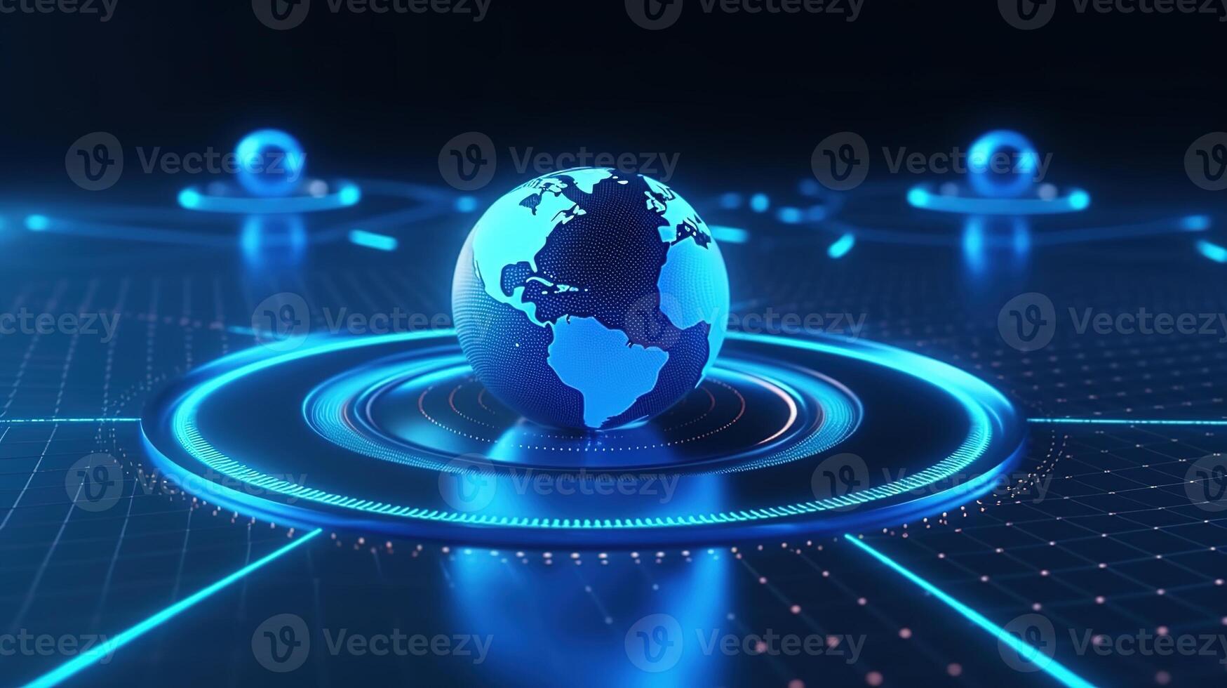 global network and data exchanges over the world 3D rendering Wireframed blue digital world map on dark background. photo