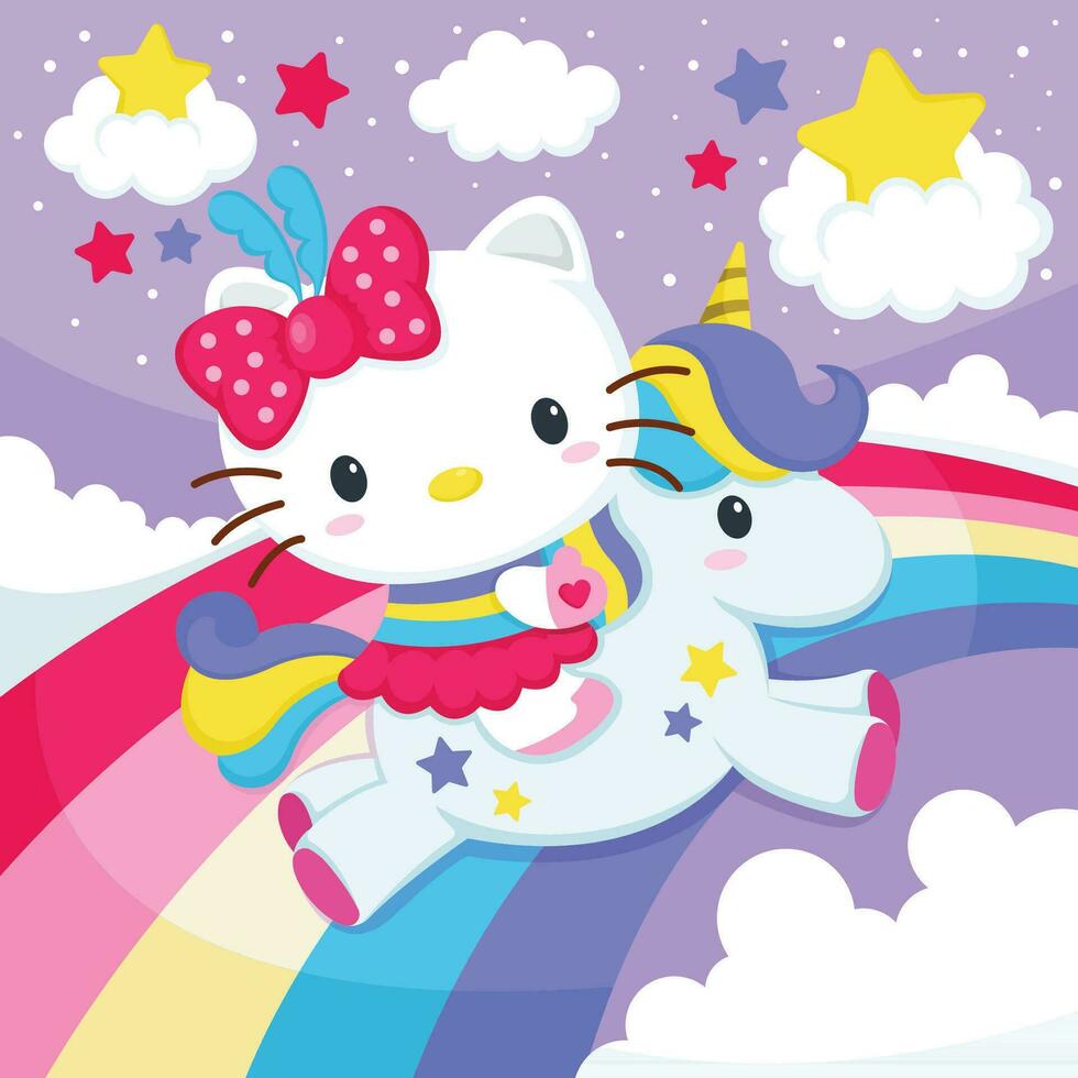 Cute Female Cat Ride a Unicorn vector