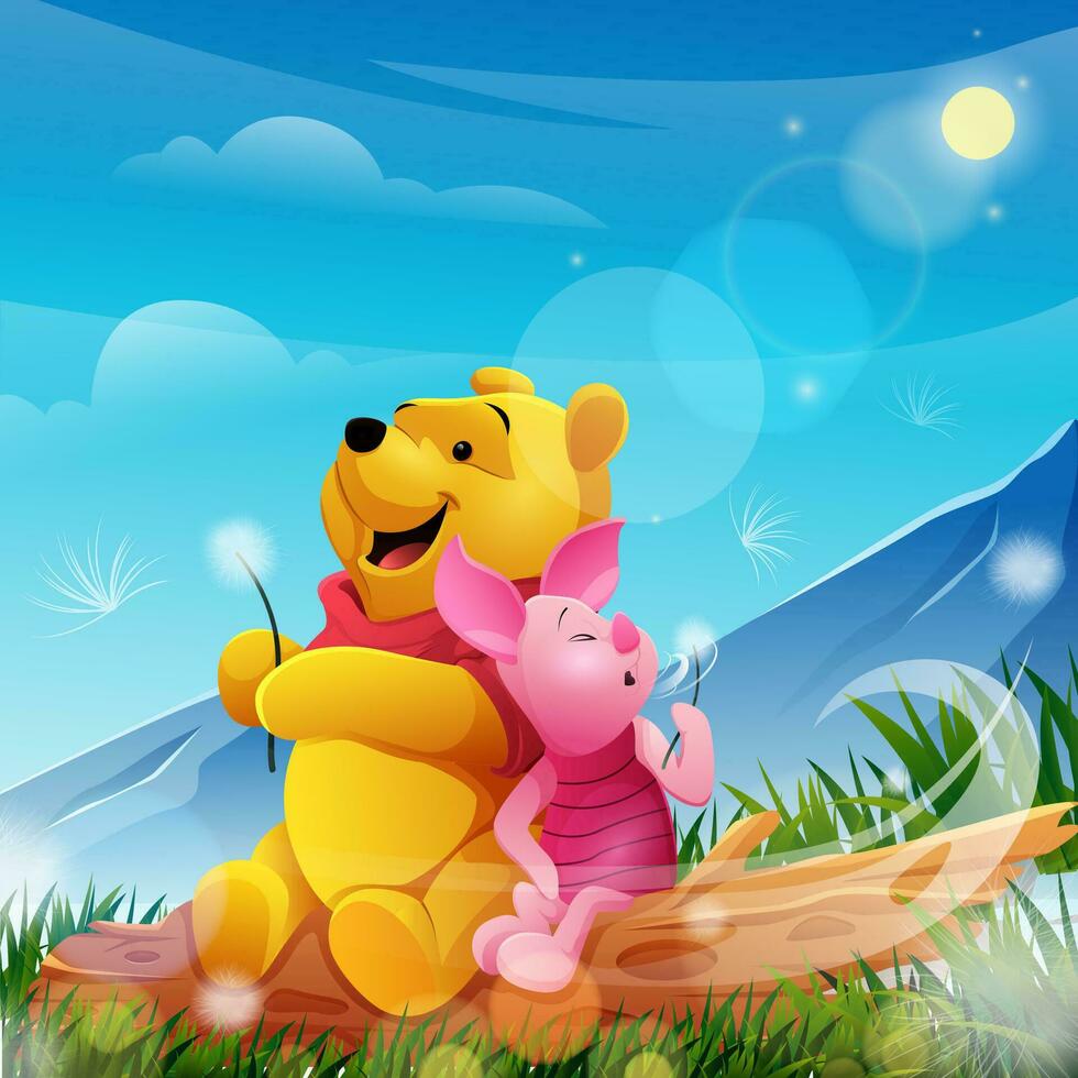 Cute Yellow Bear and a Piglet Play with Dandelions vector