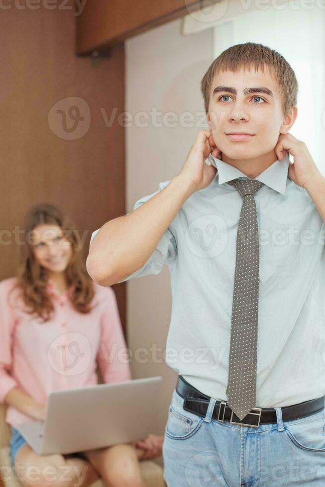 Working from home against working in office concept photo