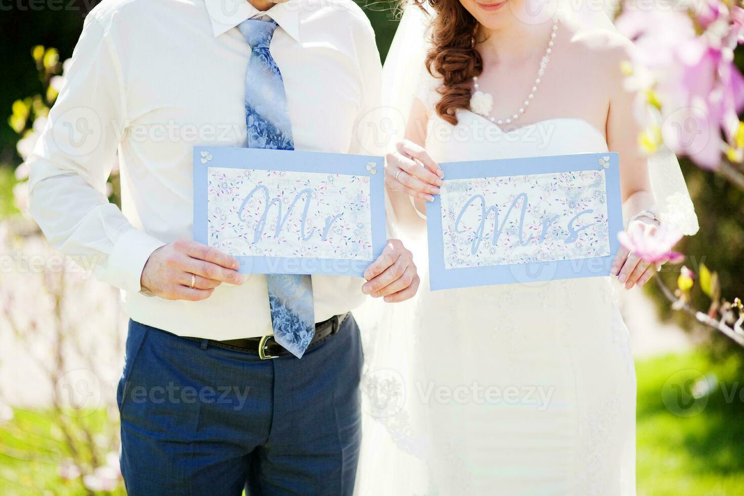 plates with mrs and mrs on wedding day photo