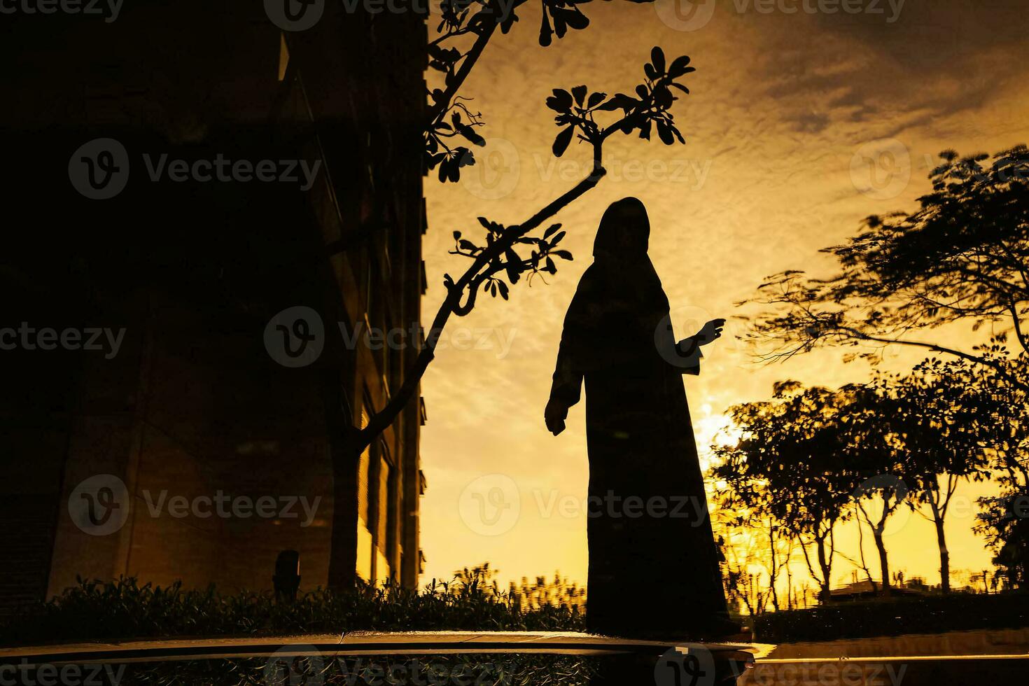 a young woman wearing a hijab and jilbab standing holding a phone near a water body at dusk photo