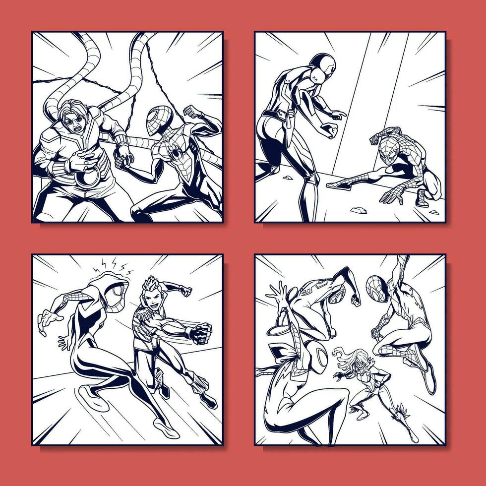 Spider Hero vs Villain Coloring Pages Set vector