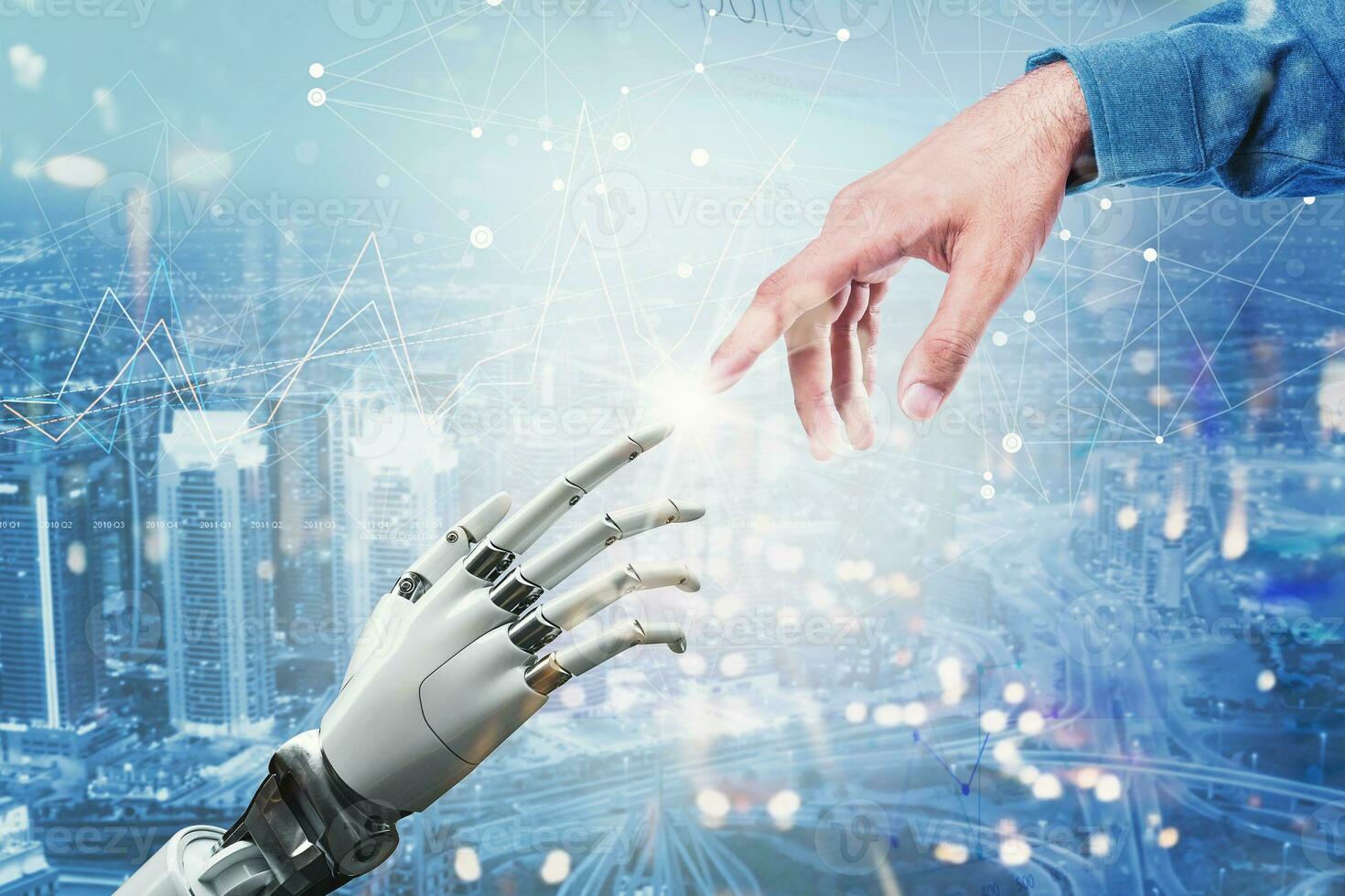 Artificial intelligence and machine learning concept. Hands of robot and human meet over futuristic city backgroud photo