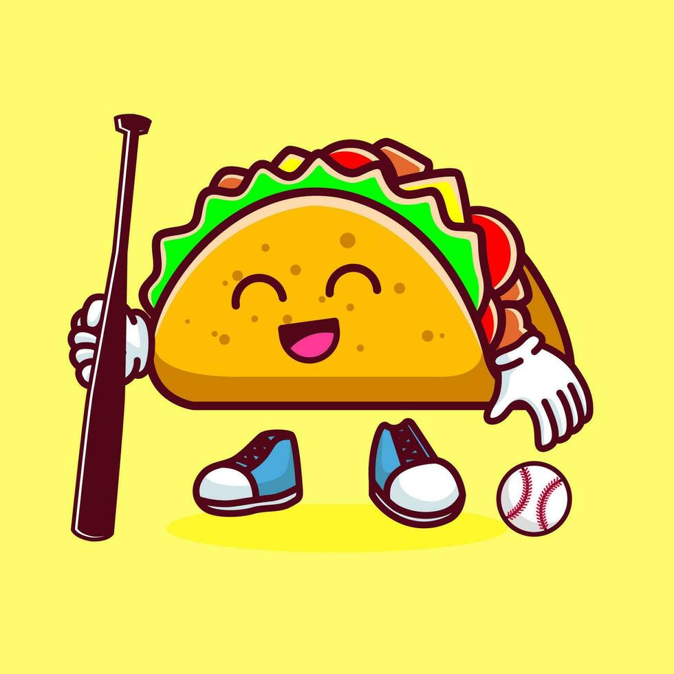 vector ilustración de kawaii taco dibujos animados personaje con béisbol murciélago y pelota. vector eps 10