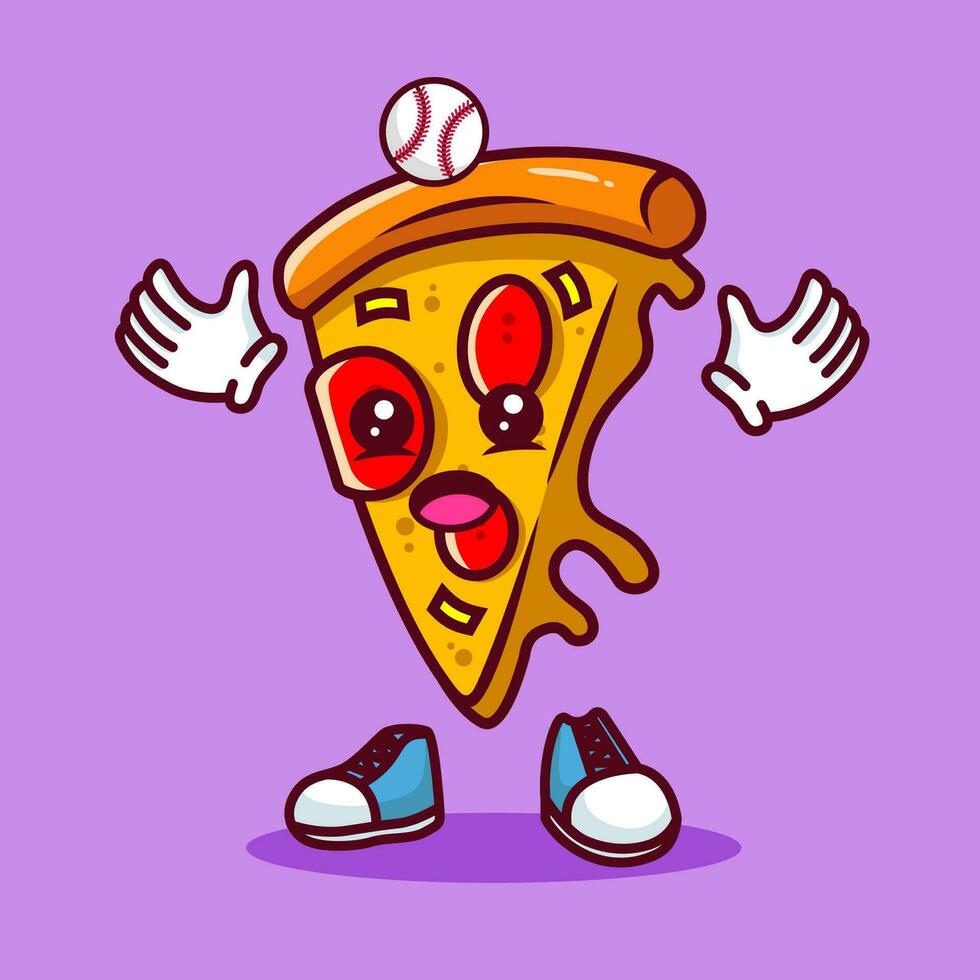 Vector illustration of kawaii pizza cartoon character with baseball bat and ball. Vector eps 10