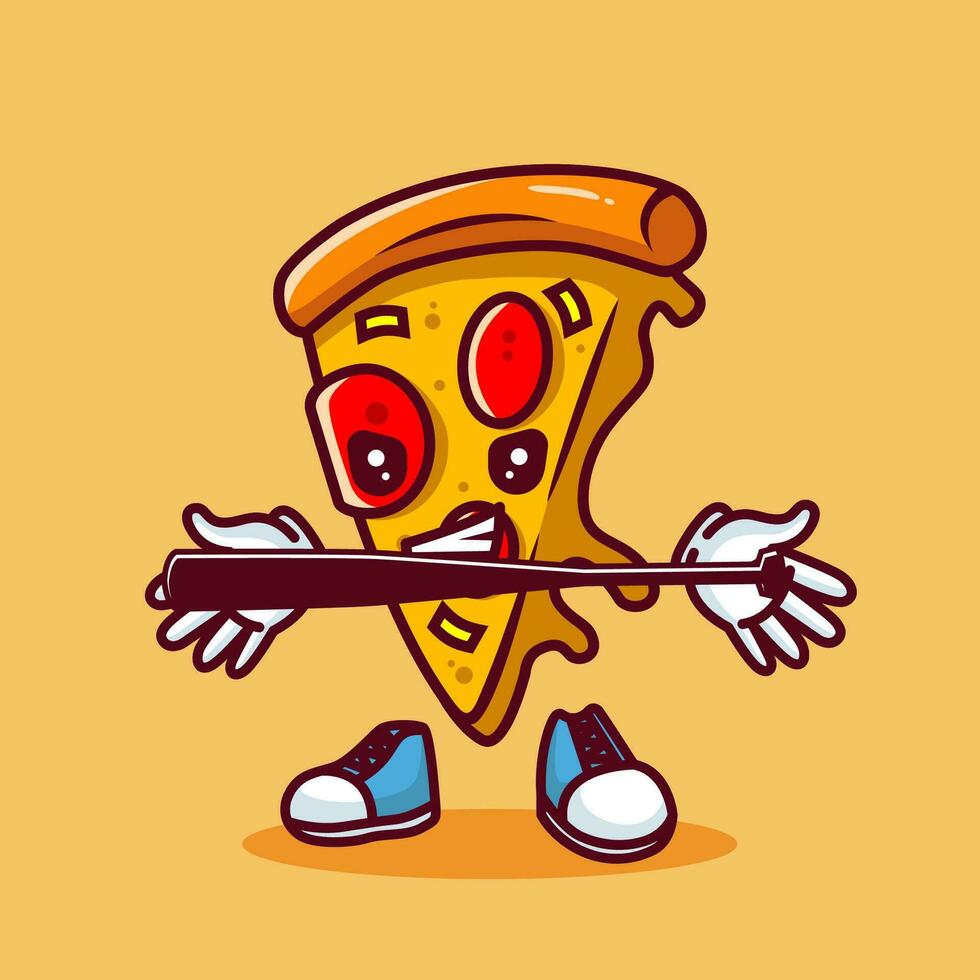Vector illustration of kawaii pizza cartoon character with baseball bat and ball. Vector eps 10