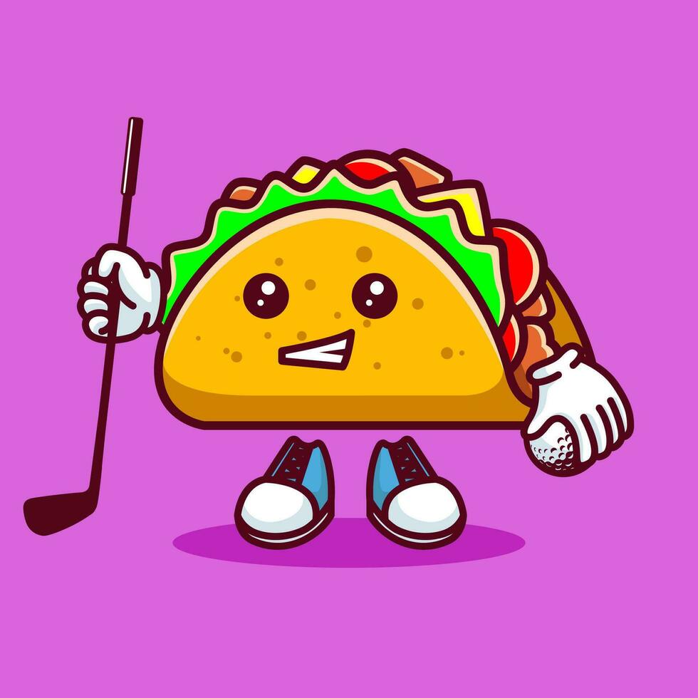 Vector illustration of kawaii taco cartoon character with stick golf and ball. Vector eps 10