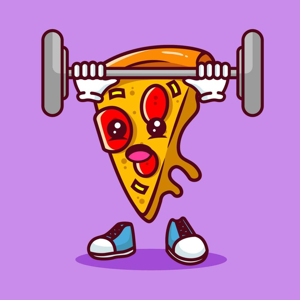 Vector illustration of kawaii pizza cartoon character with barbell. Vector eps 10