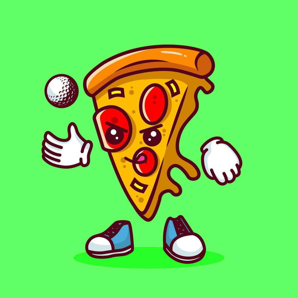 Vector illustration of kawaii pizza cartoon character with stick golf and ball. Vector eps 10