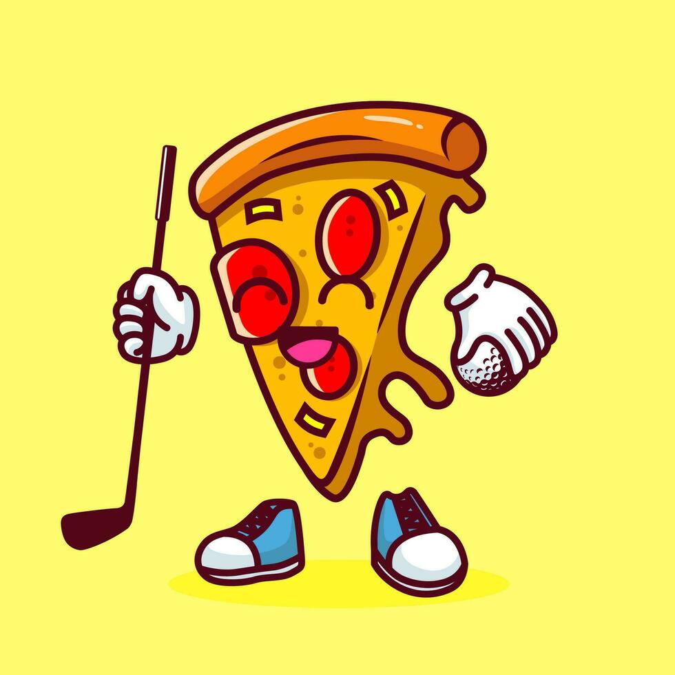 Vector illustration of kawaii pizza cartoon character with stick golf and ball. Vector eps 10