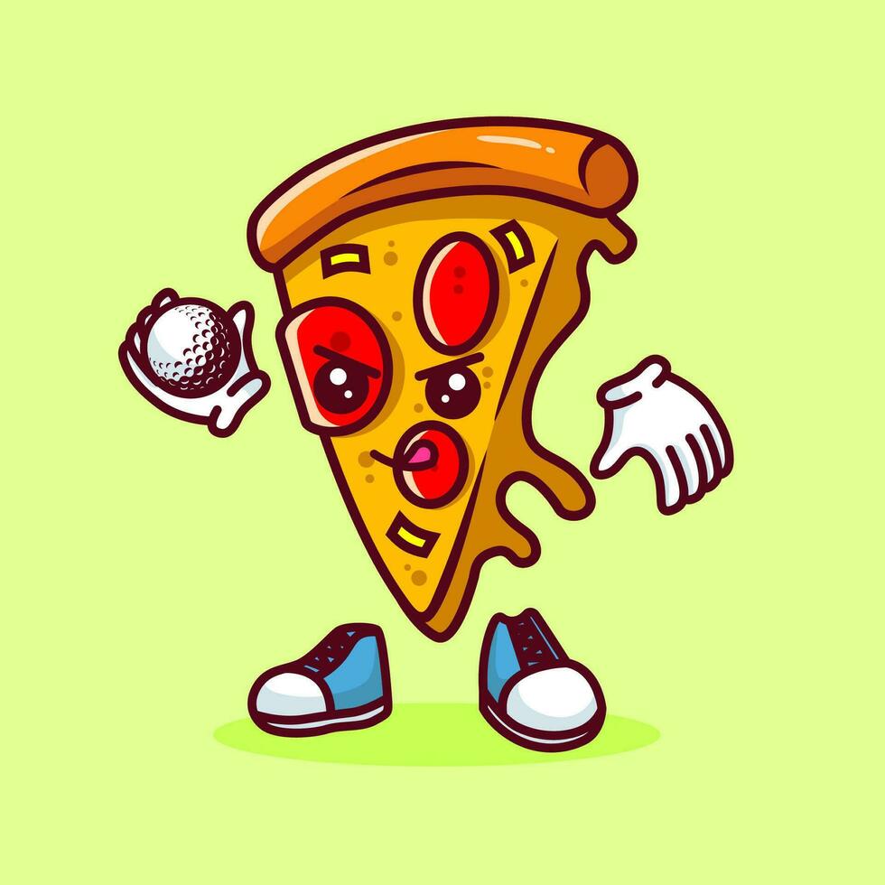 Vector illustration of kawaii pizza cartoon character with stick golf and ball. Vector eps 10