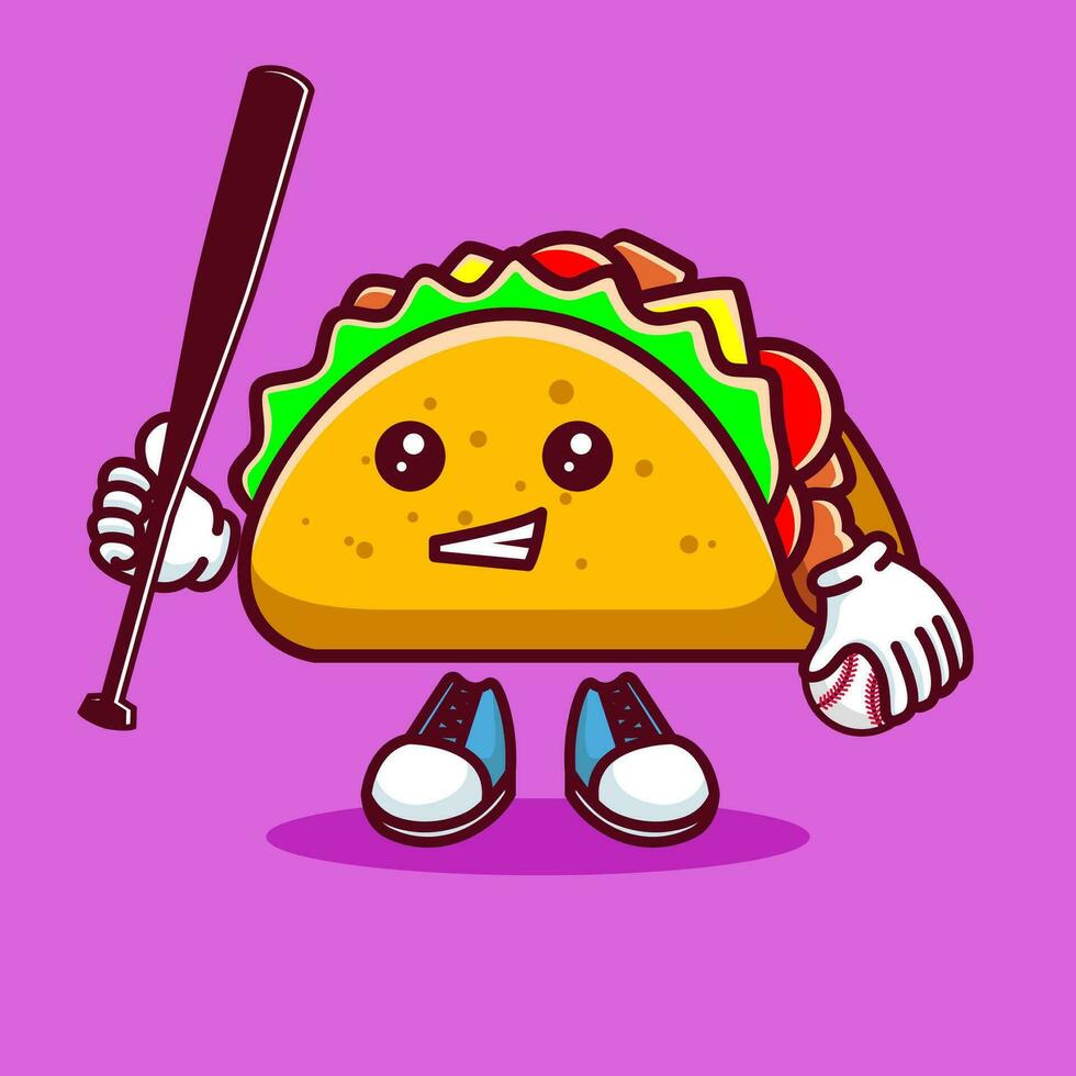 Vector illustration of kawaii taco cartoon character with baseball bat and ball. Vector eps 10