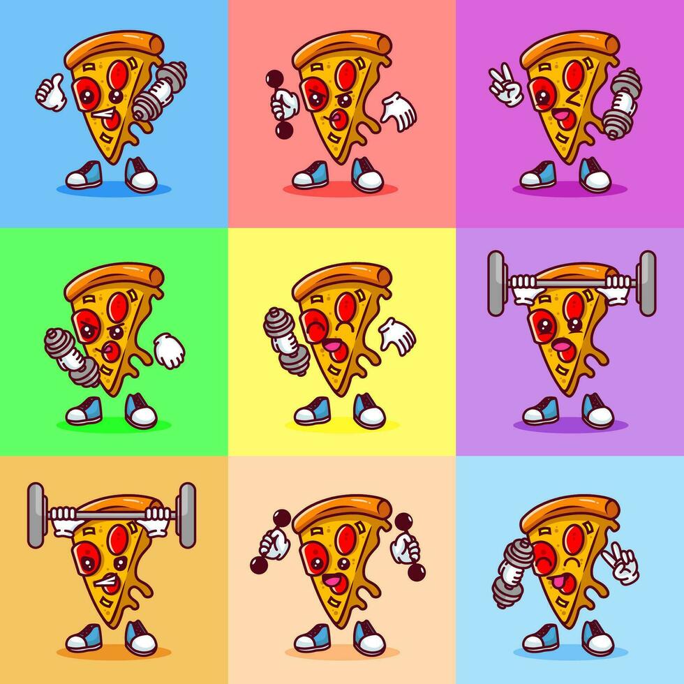 conjunto de vector ilustración de kawaii Pizza dibujos animados personaje con barra con pesas. vector eps 10