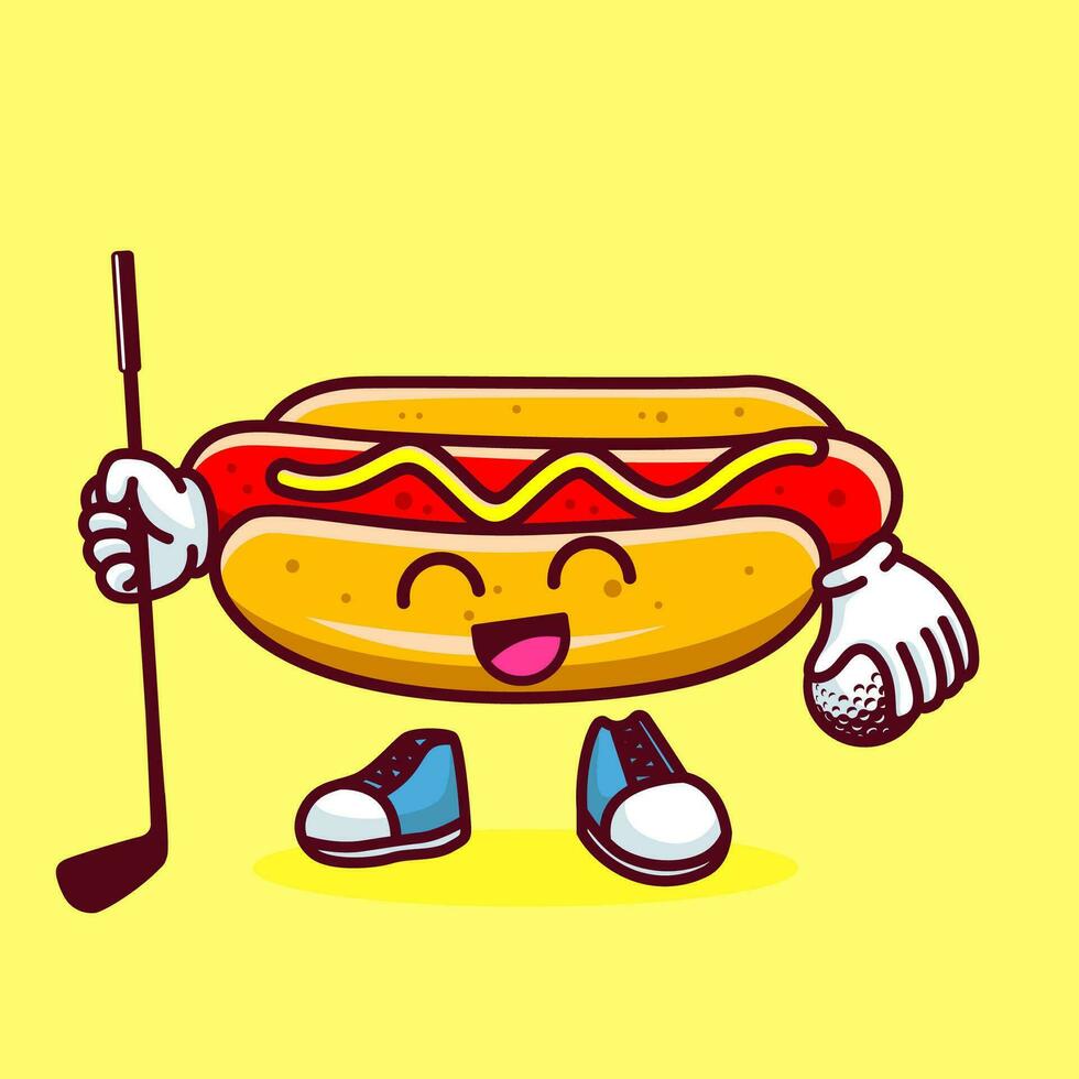 vector ilustración de kawaii caliente perro dibujos animados personaje con palo golf y pelota. vector eps 10