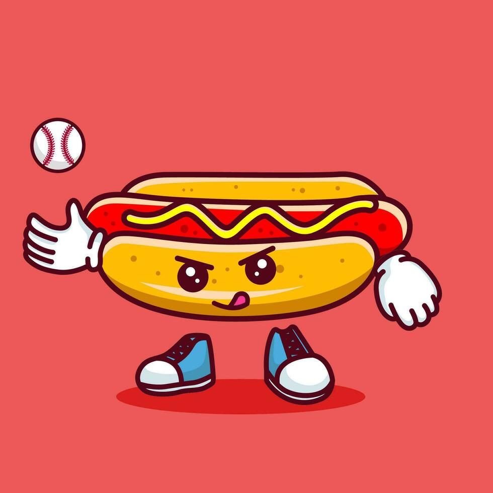 vector ilustración de kawaii caliente perro dibujos animados personaje con béisbol murciélago y pelota. vector eps 10