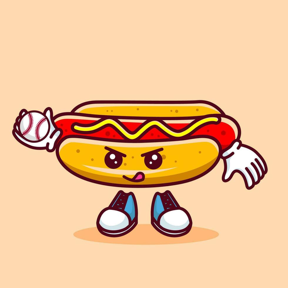 Vector illustration of kawaii hot dog cartoon character with baseball bat and ball. Vector eps 10