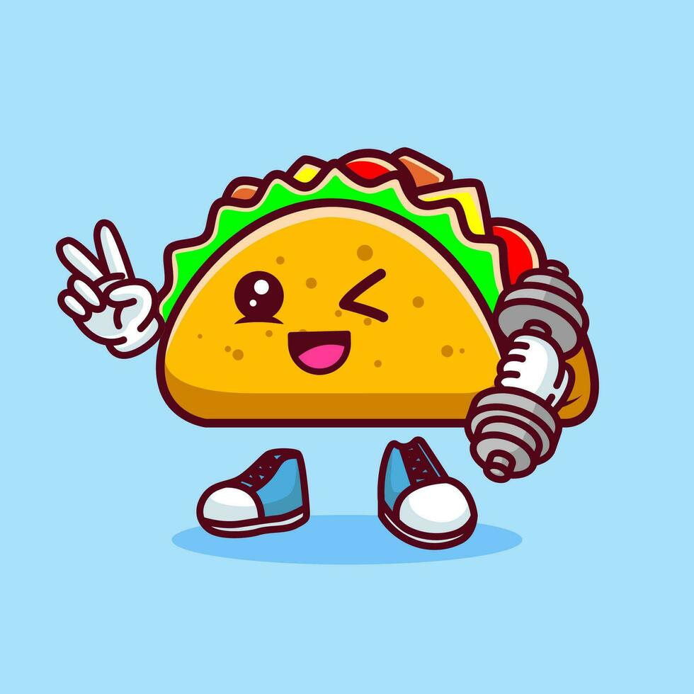 vector ilustración de kawaii taco dibujos animados personaje con barra con pesas. vector eps 10