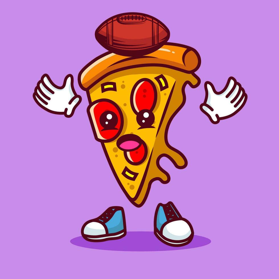 Vector illustration of kawaii pizza cartoon character with american football ball. Vector eps 10